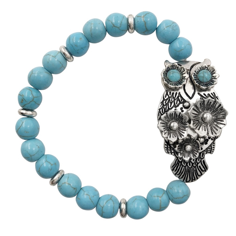 Flower Power Owl Turquoise Bead Stretch Bracelet
